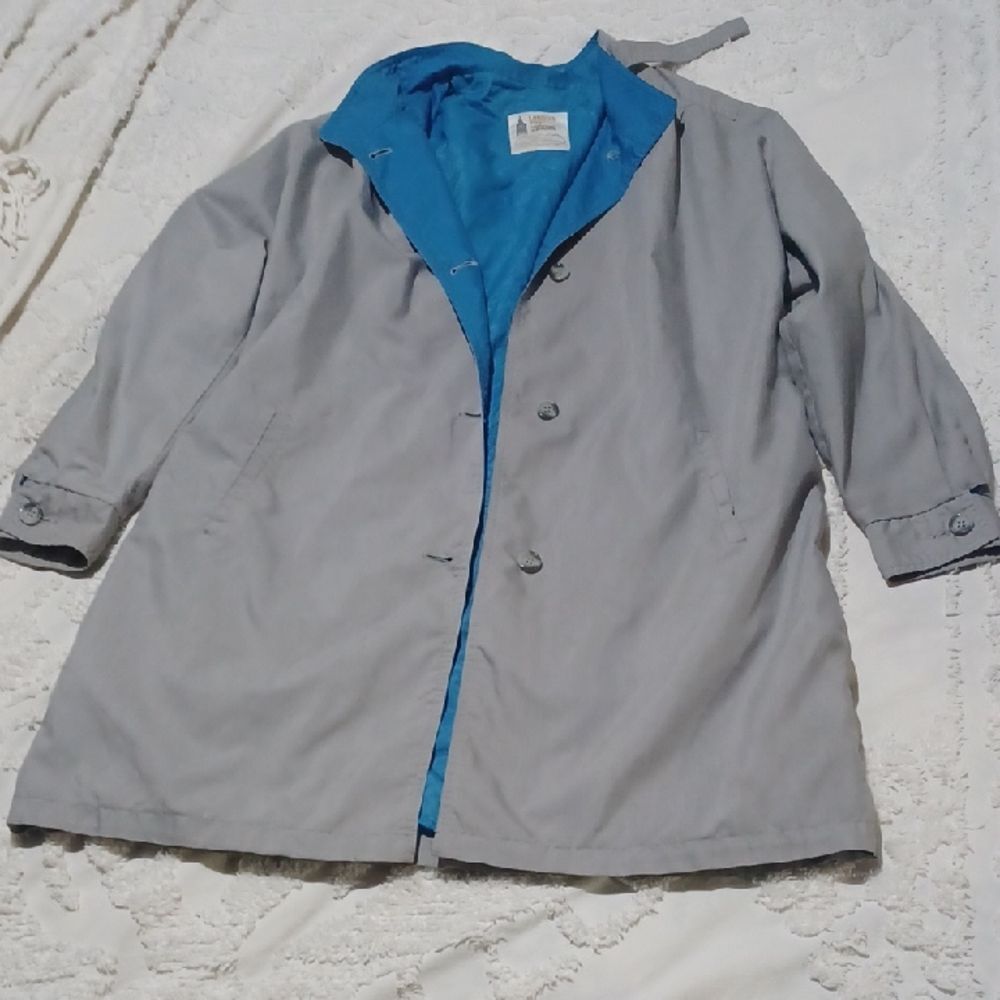 Vintage London Fog Weatherwear Gray Trench Coat Electric Blue Lining Sz 14